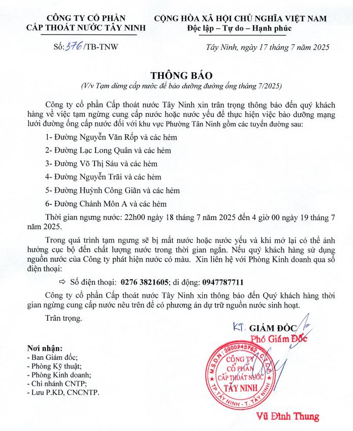 Số 376 TB TNW Thông báo về việc tạm ngừng cấp nước để bảo dưỡng đường ống T7 2025 0001