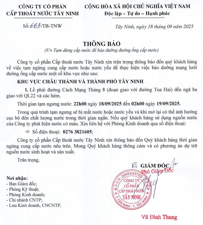 Số 663 TB TNW Thông báo về việc tạm dừng cấp nước để bảo dưỡng đường ống cấp nước 0001