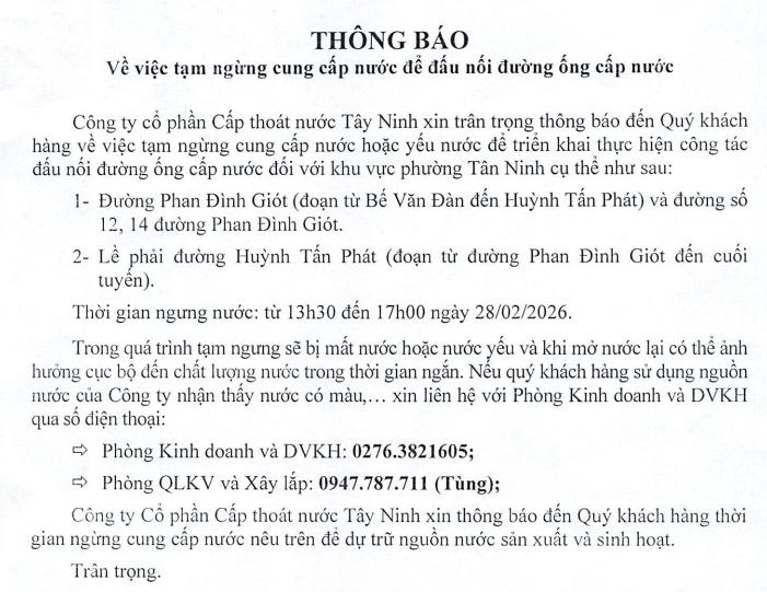 186 TB TNW Thông báo về việc tạm ngừng cung cấp nước để đấu nối đường ống cấp nước PB Page1