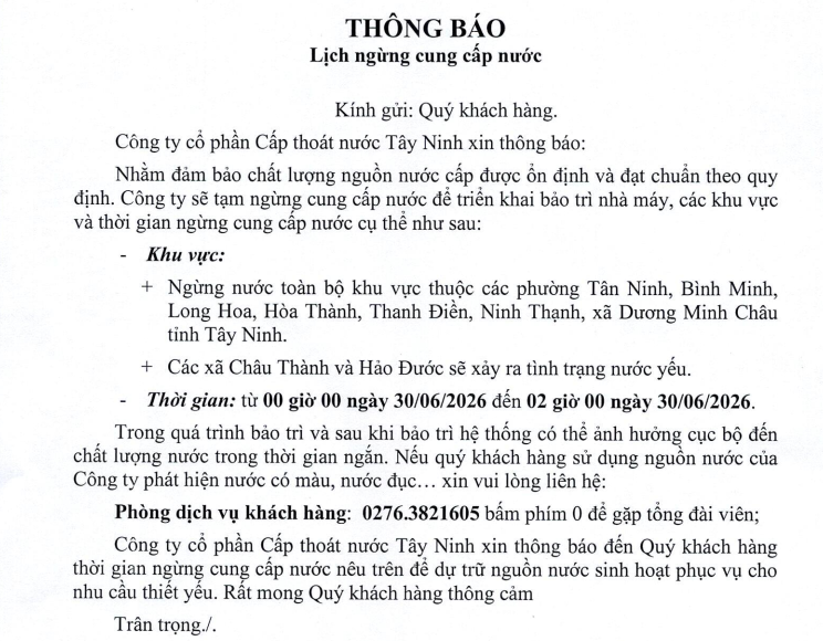 437 TB TNW Thông báo lịch ngừng cung cấp nước